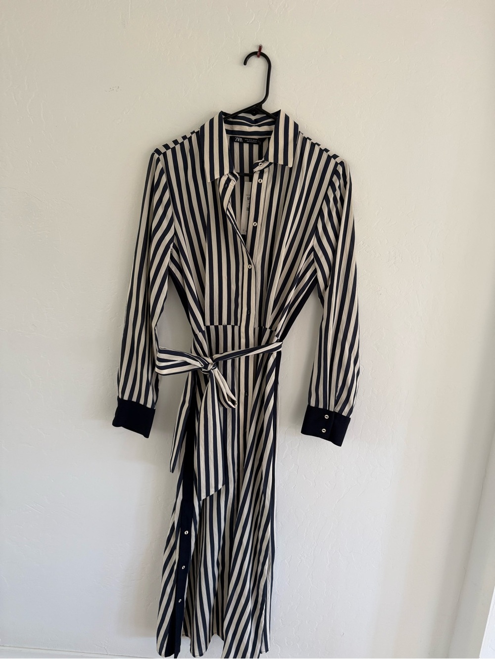 Zara Navy and White Vertical Stripe Long Sleeve Shirt Dress